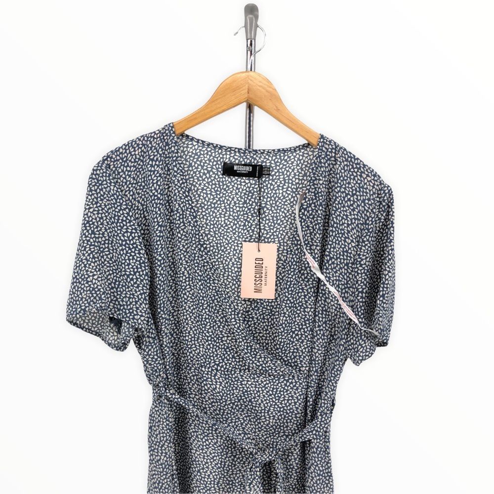 Missguided Maternity Blue Mini Heart Print Ruffle Surplice Deep V Mini Dress NWT - Picture 4 of 14